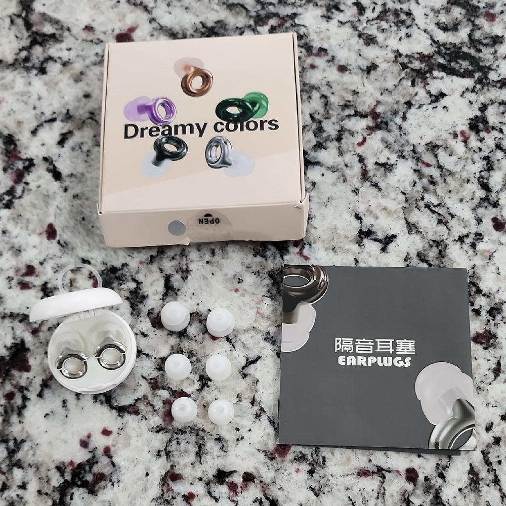 Dreamy Colors Silicone Reusable Ear Plugs. 4 Sizes. Storage Case. Silver Color